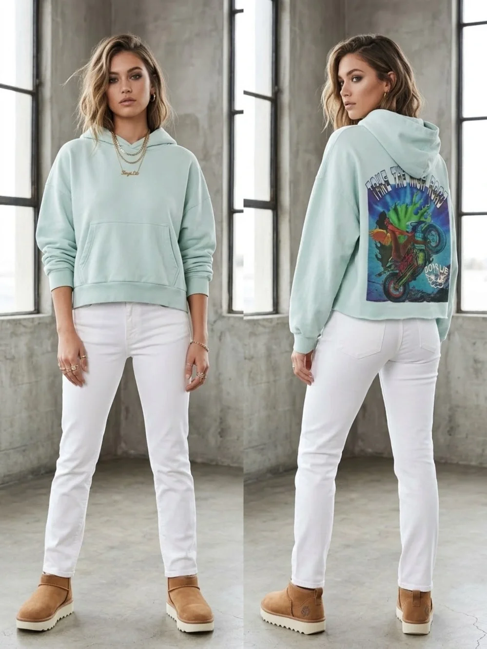 Boys Lie Mint Hoodie with Multicolor Back Graphic